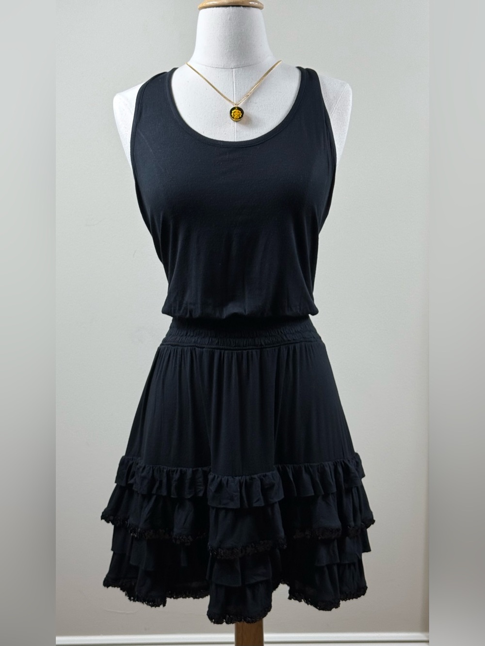 Moschino Jeans Black Tiered Ruffle Tank Dress with beaded ruffles, Italy, Sz Med